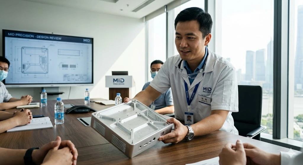 A functional CNC machined aluminium enclosure prototype being presented during a product development review meeting. A functional CNC machined aluminium enclosure prototype being presented during a product development review meeting.